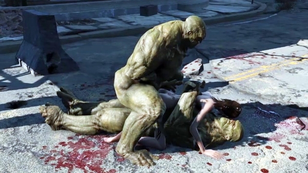 Fallout 4: Два огромных зеленых супермутанта рвут героиню ДП в пизду и жопу!